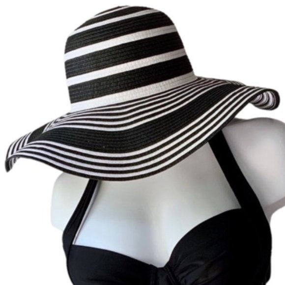 _Black and white wide brim straw sun hat from Talbots - Picture 2 of 8